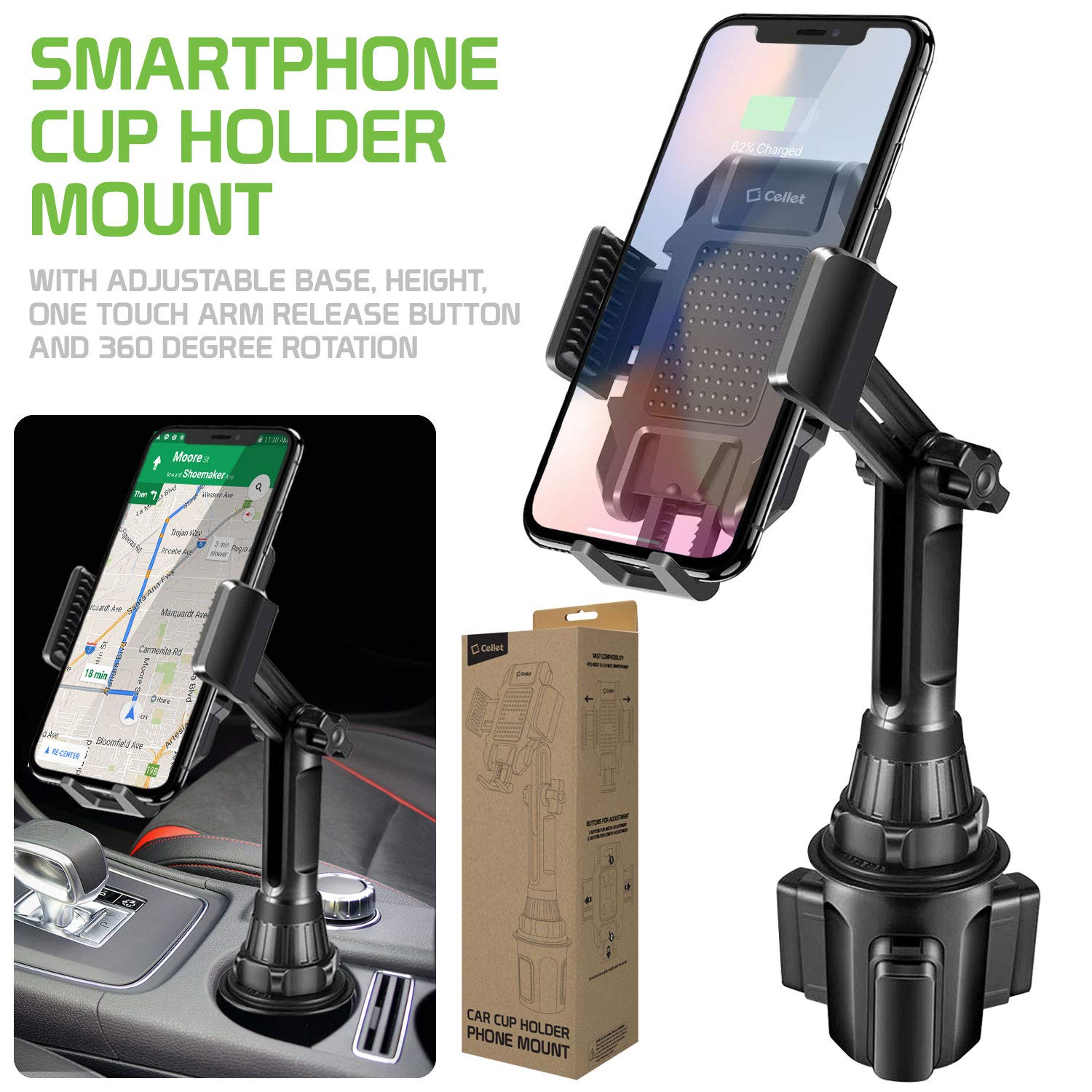 Cup Holder Phone Mount, Cup Holder Phone Holder for Car Phone Cradle Compatible for iPhones and Android Smartphones (Tesla Model 3 Y)