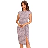 Allegra K Women's Elegant Tweed Dress Crew Neck Cap Sleeve Split Office Work Pencil Dresses