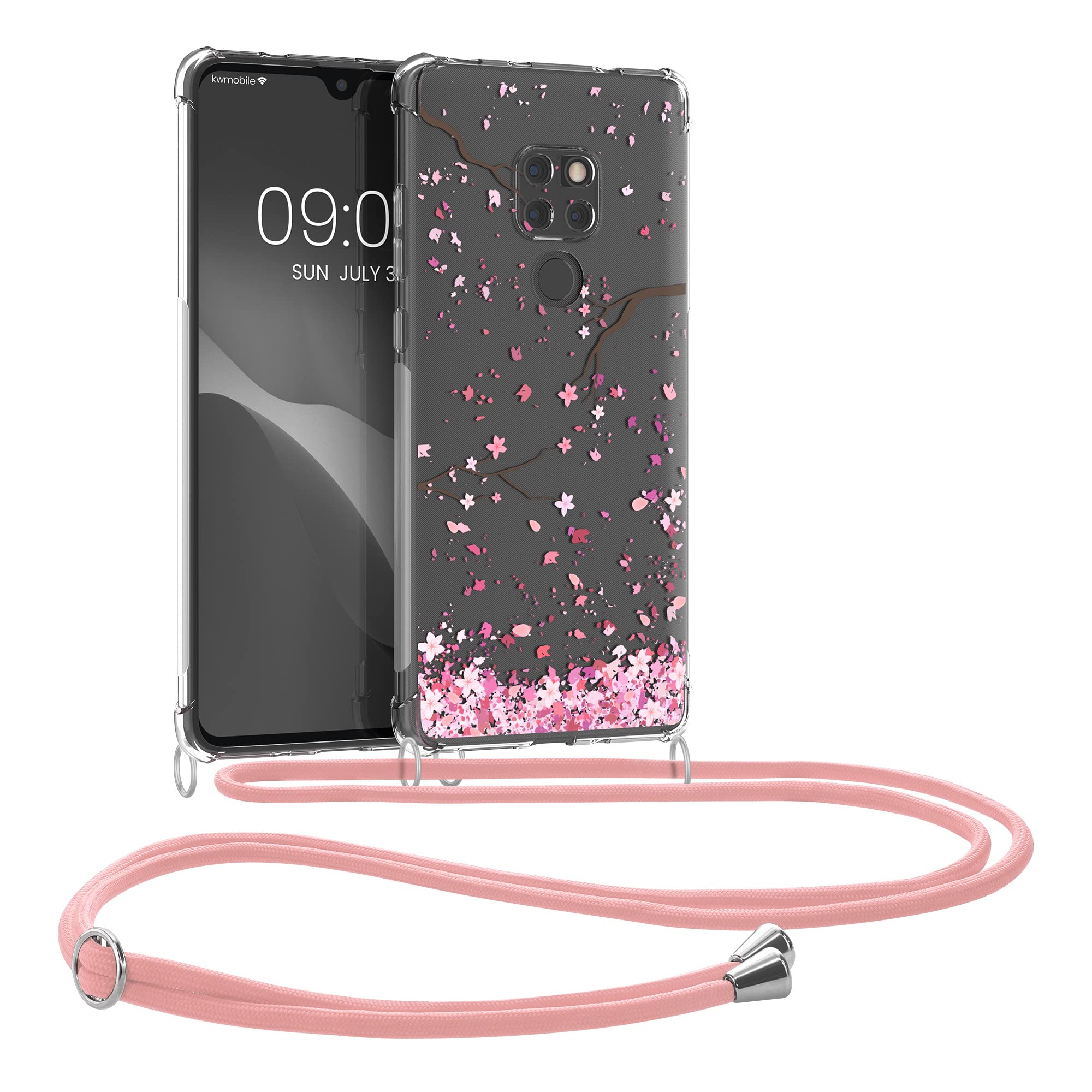 kwmobile Crossbody Case Compatible with Huawei Mate 20 Case Strap - Cherry Blossoms Pink/Dark Brown/Transparent