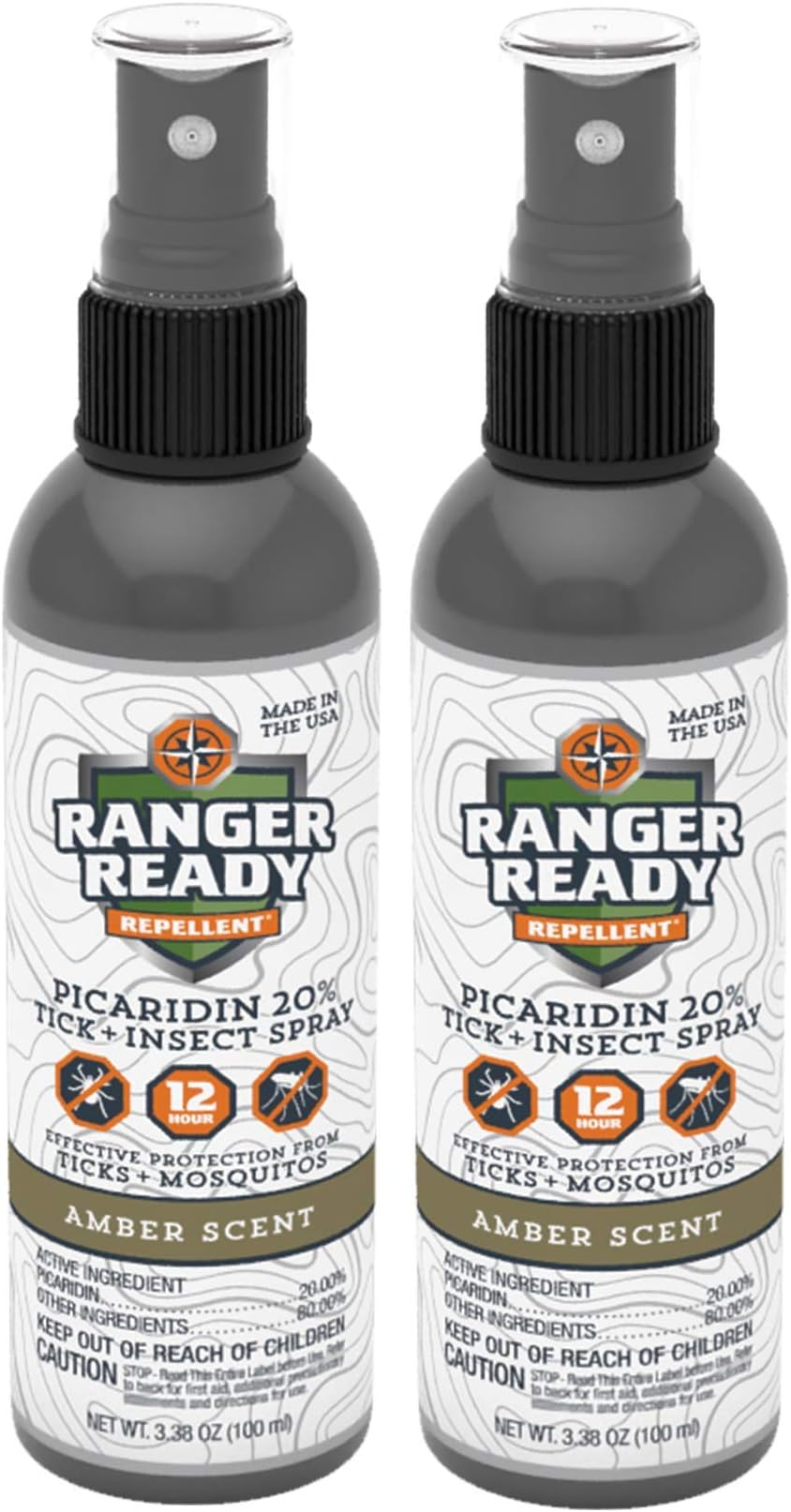 Ranger Ready Picaridin 20% Tick & Insect Repellent, Amber Scent Deet-Free Bug Spray, Travel Size 3.4 Oz. (Pack of 2)