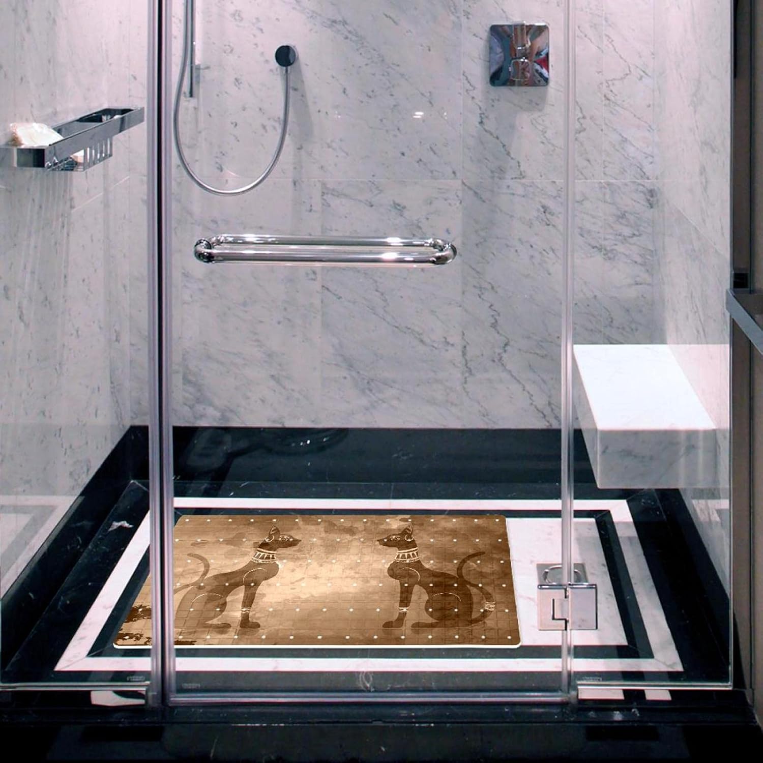 Bath Tub Shower Mat 15.7x27.9 inches Papyrus with Black Egyptian Cats Print with Suction Anti Slip Stripes-Strong Grip Suction Cups for Smooth/Non-Textured Tubs, Marble Floors: Health & Personal Care