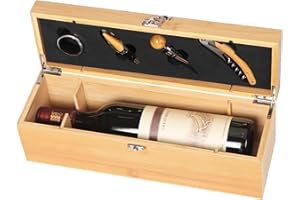WEHOME Wine Box with 4 Wine Accessories Set,Holiday Christmas Wine Gifts for Men and Women，Bamboo Wine Case with Tools Set，Wine Storage Box Gift for Wine Lover