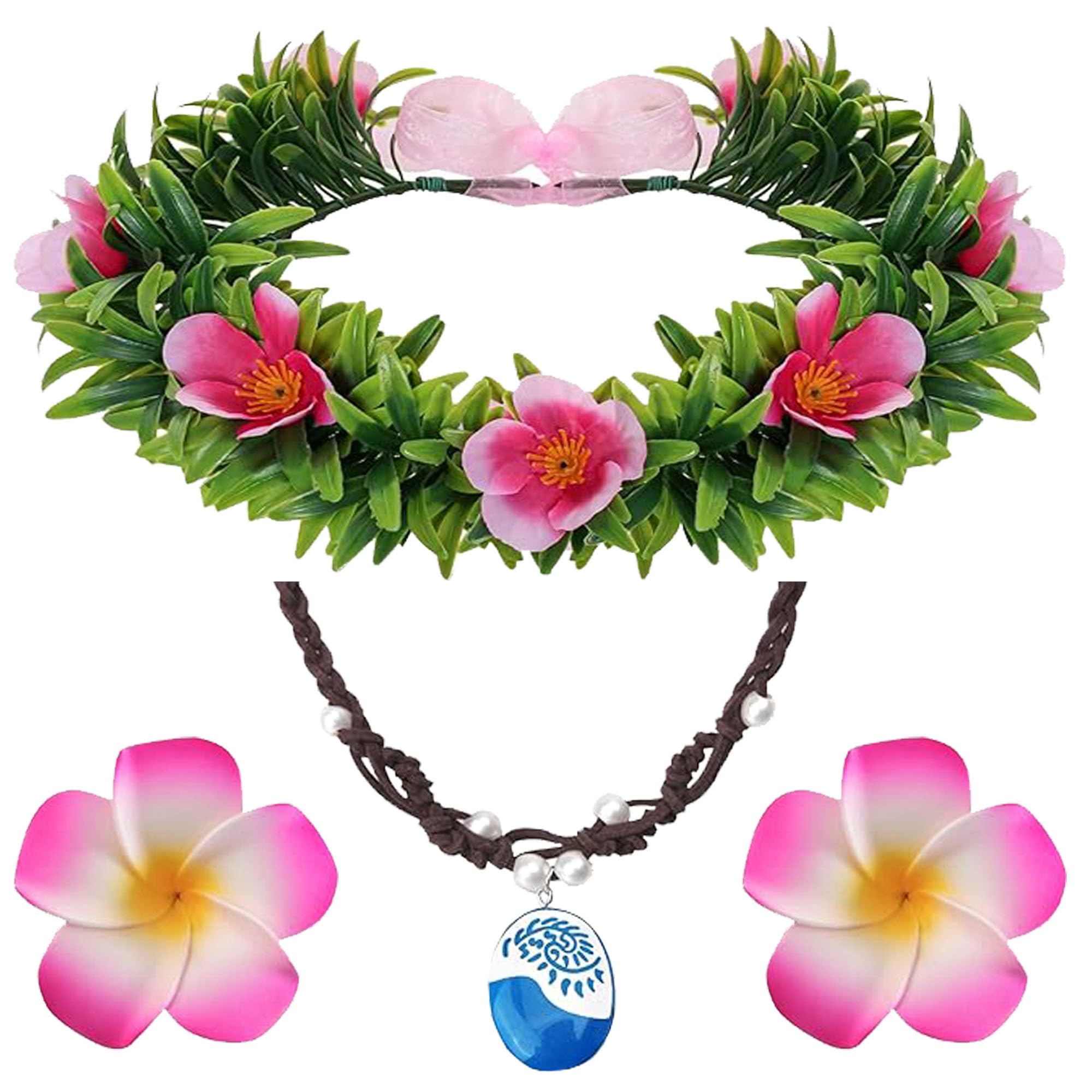 Photo 1 of 4Pcs Tropical Flowers Garland Headdress Costume Set for Girls & Women Princess Hawaiian Lei 2 Hair Clips,Glow in The Dark Shell Necklace and Floral Wreath Headpiece for Beach Party Cosplay Halloween