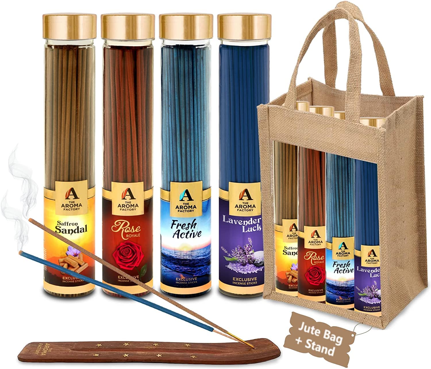 The Aroma Factory Organic Incense Sticks Natural Aromatic Fragrances | Charcoal Free| Non Toxic | Hand Made Herbal Pooja Agarbatti, Combo of 4 x 100g Jute Gift Set (Tropical Aromas)