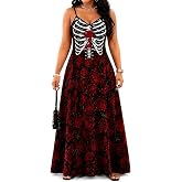 Vispia Plus Size Halloween Gothic Skeleton Maxi Dress Costume for Women | Plus Size Summerween Dress Halloween Bride Costumes, Summer V-neck Halter Maxi Dress
