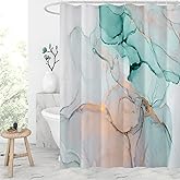Gibelle Abstract Marble Shower Curtain, Teal Grey Fabric Shower Curtain for Bathroom, Modern Ink Art Decor Waterproof Shower Curtain Set with Hooks, 71x71