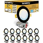 NUWATT 12 Pack, 6 Inch Ultra-Thin Black LED Recessed Lighting, 5CCT 2700K/3000K/3500K/4000K/5000K Selectable, 1050LM, 15W, Water Resistant, IC Rated, Dimmable Canless Slim Wafer Light with J-Box, ETL