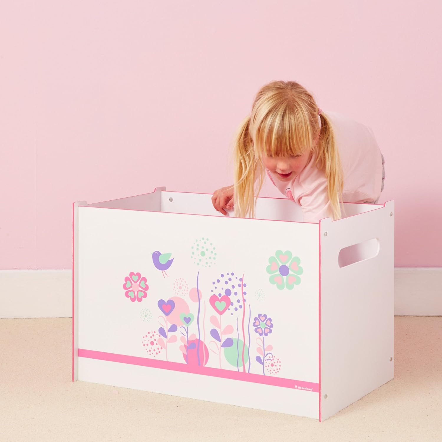 Worlds Apart Flowers and Birds Kids Toy Box - Childrens Bedroom Storage Chest with Bench Lid by HelloHome, White, 39.5x39.5x60.0 cm - Image 4
