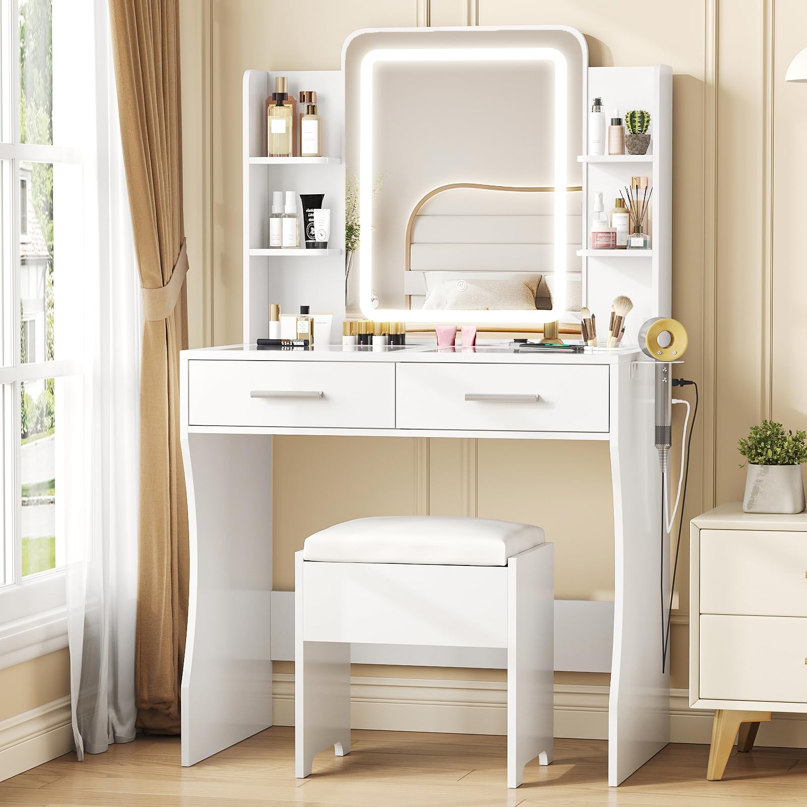 Photo 1 of ******Photo and description are for reference only*********Vanity Desk with Mirror and Lights, Makeup Vanity with Glass Top & Power Strip, White Vanity with 2 Drawers for Women, 3 Lighting Modes Adjustable Brightness, Dressing Table with Stool for Bedroom