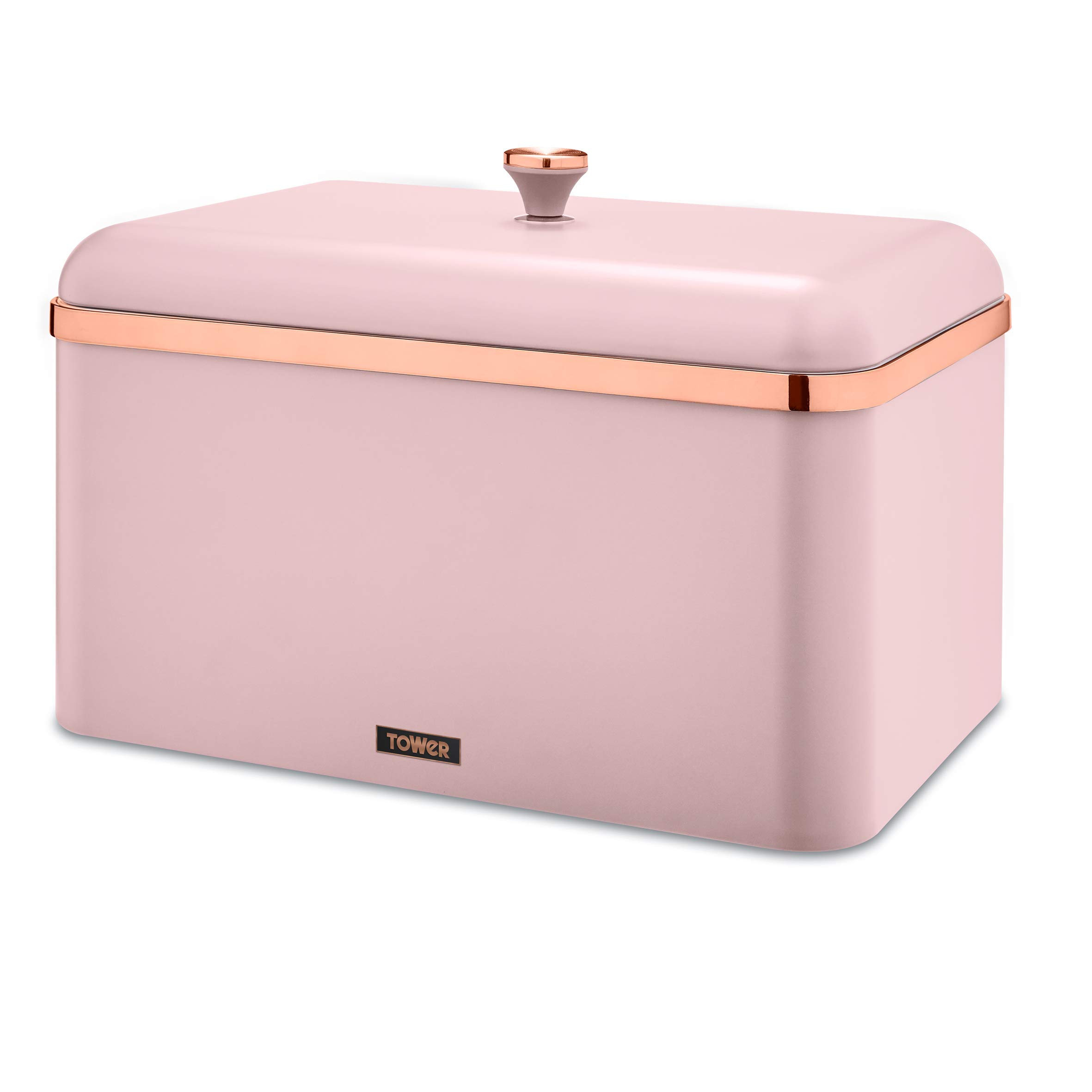 Tower Cavaletto Bread Bin with Removable Lid, Large Capacity, Durable Steel Body, Marshmallow Pink and Rose Gold