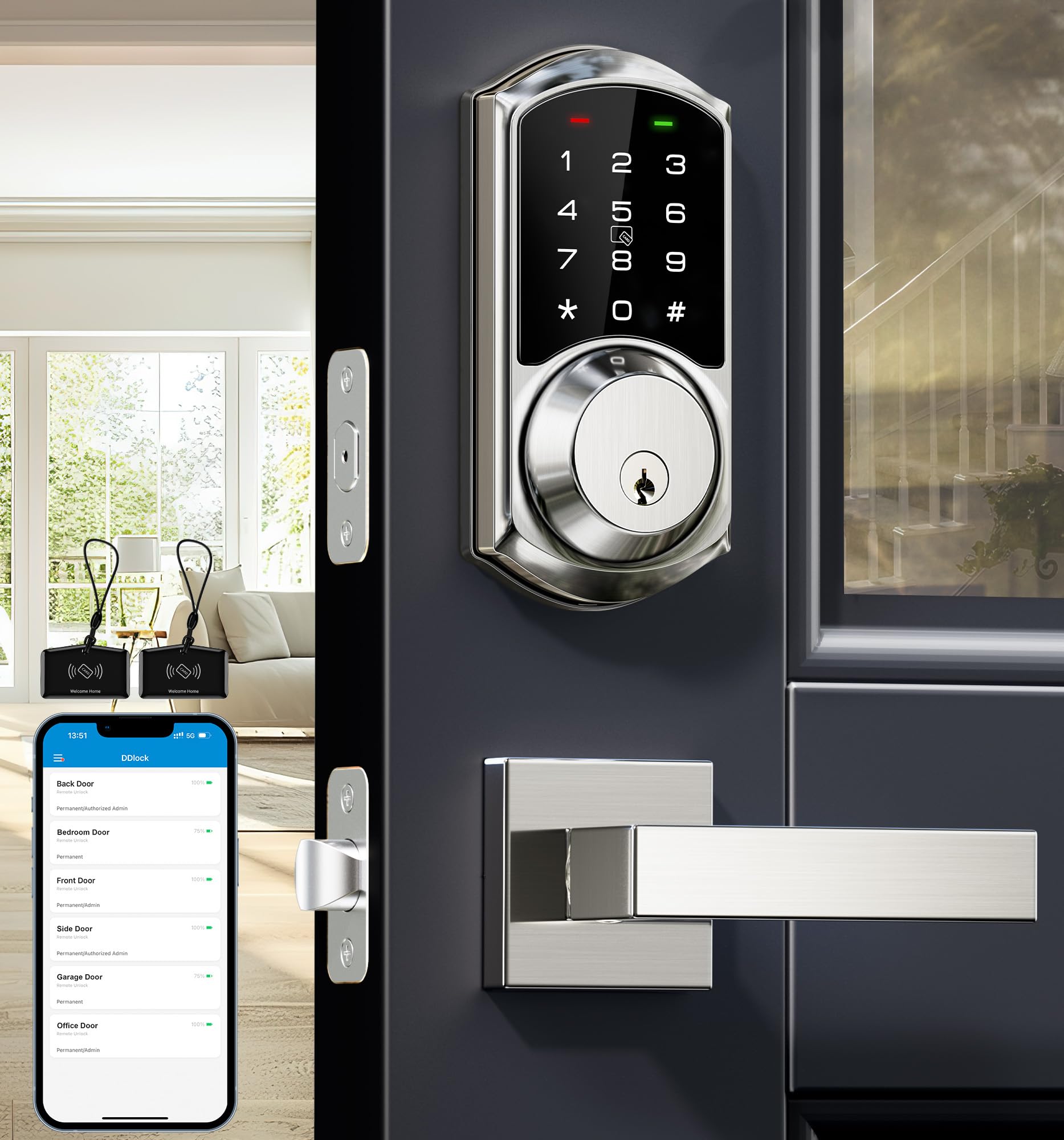 Photo 1 of Veise Smart Locks with 2 Lever Handle Set, App Control, Keyless Entry Door Lock, Electronic Digital Touchscreen Keypad, Deadbolt Smart Lock for Front Door, Auto Lock, Easy Installation, Satin Nickel