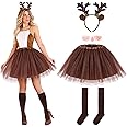 Hifot 5 Pcs Reindeer Costume Adult Tutu Skirt with Reindeer Headband Temporary Tattoos Socks Deer Cosplay Costume Halloween Christmas Fancy Dress Outfits for Women Girls Brown