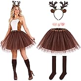 Hifot 5 Pcs Reindeer Costume Adult Tutu Skirt with Reindeer Headband Temporary Tattoos Socks Deer Cosplay Costume Halloween Christmas Fancy Dress Outfits for Women Girls Brown