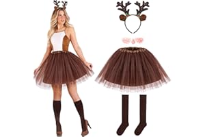 Hifot 5 Pcs Reindeer Costume Adult Tutu Skirt with Reindeer Headband Temporary Tattoos Socks Deer Cosplay Costume Halloween Christmas Fancy Dress Outfits for Women Girls Brown