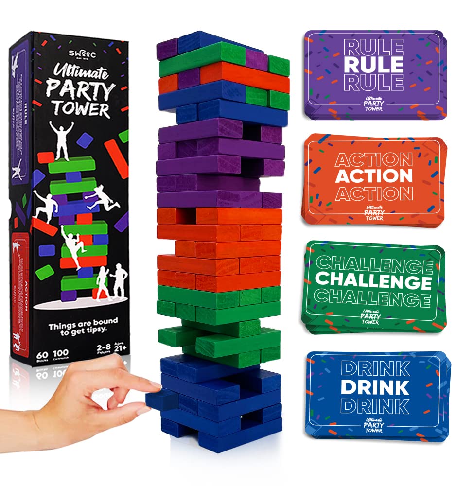 Photo 1 of SWOOC Games - Ultimate Party Tower™ - 100 Original Commands, 60 Blocks, & 1000s of Hilarious Rule Combinations - A Tipsy Spin on Fun Classic Games for Power Hour - Ages 21+ - Wooden Tower Blocks Game