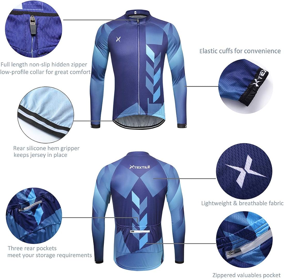 Xtextile Men's Cycling Jersey Set with Full Zipper Long Sleeves Bicycle Shirt and 4D Coolmax Padded Cycling Tights Leggings: Clothing