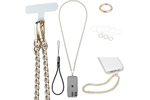 Casecond Crossbody Phone Lanyard Chain Shoulder Cell Phone Strap Charm Neck Chain with Wrist Strap Finger Grip 3 Pad Patches Tether Anti Theft Universal for iPhone 16 Pro Max 15 14 13 Samsung Gold