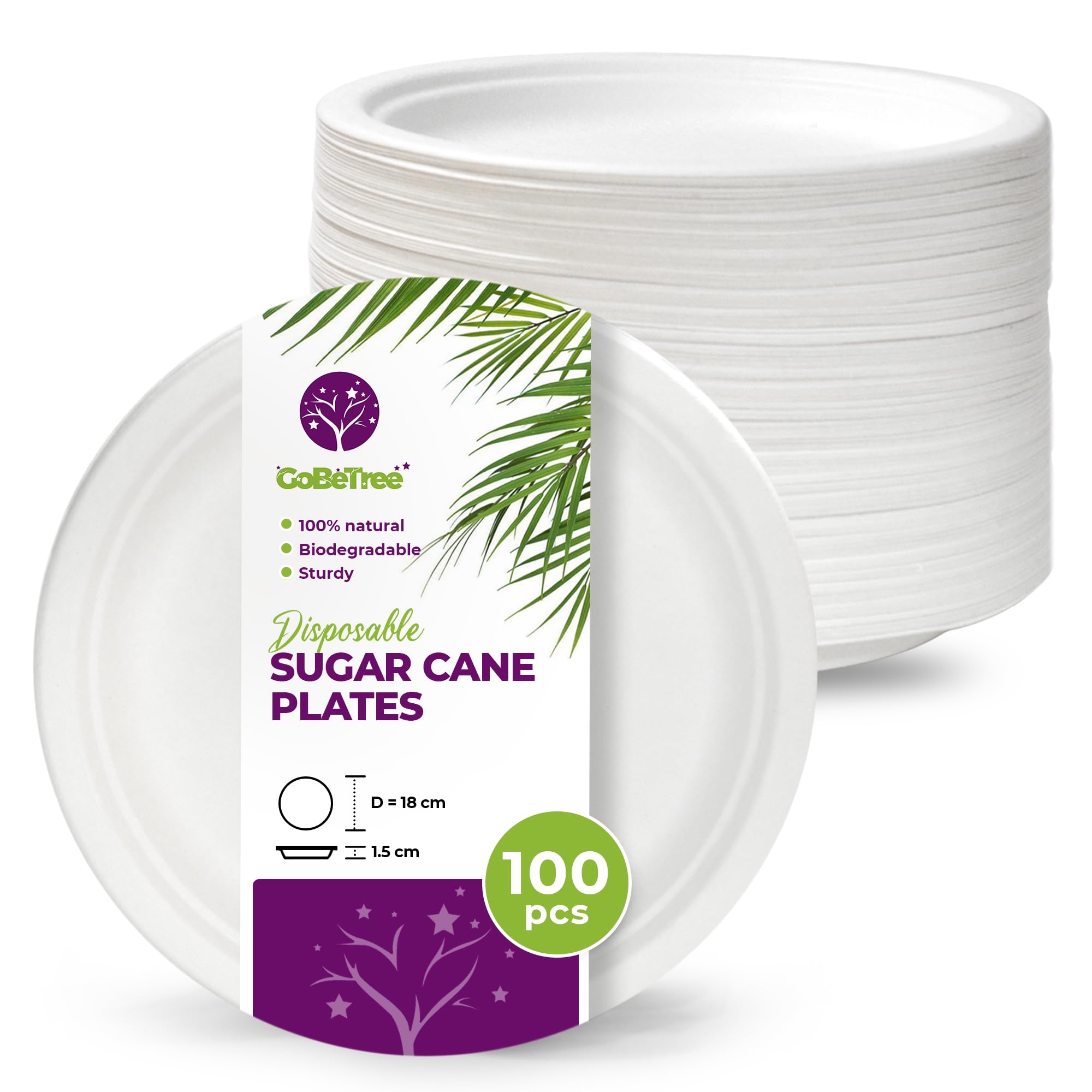GoBeTree 125 Biodegradable Disposable Sugar Cane Paper Plates Ø18 cm Extra Strong White Disposable Tableware for Parties and Picnics Round Bagasse Plates