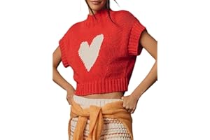 UEYGHEP Womens Cap Sleeve Sweater Vest Mock Neck Crop Sweaters Causal Heart Knit Rib Hem Pullover Loose Fit Tank Top Red L