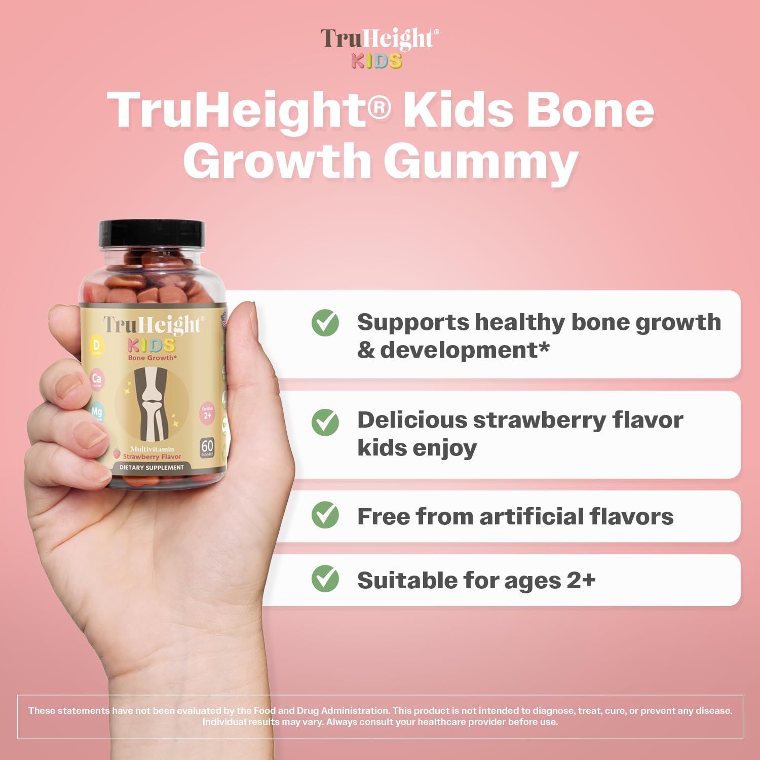 TruHeight Kids Bone Growth Gummies (Strawberry, Ages 2+) Tall Nutrition for Natural Growth for Kids & Toddlers - Vitamin D, Calcium, K, Magnesium Multivitamin, Bone Strength Vitamins, D3 K2, Taller