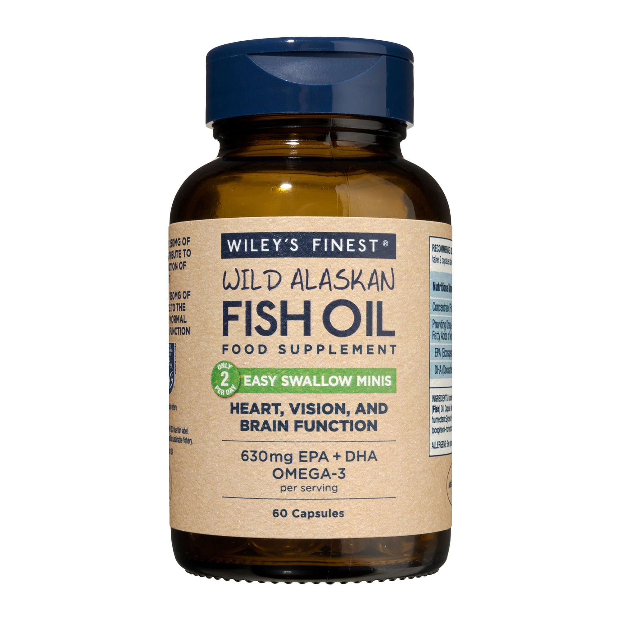 Wiley's Finest Wild Alaskan Fish Oil Easy Swallow Minis - Omega-3 Fish Oil Supplement for Adults and Kids - Double-Strength 630mg EPA and DHA Natural Supplement - 60 Mini Softgels (30 Servings)