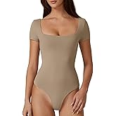 QINSEN Women's Square Neck Short Sleeve Double-Layer Bodysuit Fashion T-Shirt Tops