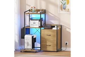 Garvee 38 Inch File Cabinet with LED Lights & Charging Station, Large 3-Tier Printer Stand with Drawers and Storage Shelves, 