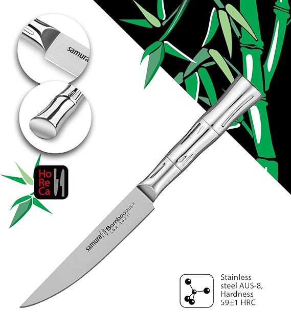 SAMURA Profi Steakmesser Ultra-scharf, groß, aus japanisch AUS 8 Edelstahl, 12,7 cm Klinge, Stahl Handgriff, ergnomisch, rost