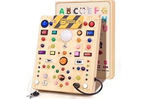 IHARPRO Busy Board with 19 LED Light Switches, Montessori Toys for 1 2 3 Years Old, Wooden Sensory Board, Toddlers Toys Activity Travel Toys for 1 2 3 Year Old Boy & Girl Birthday Gift (Big)