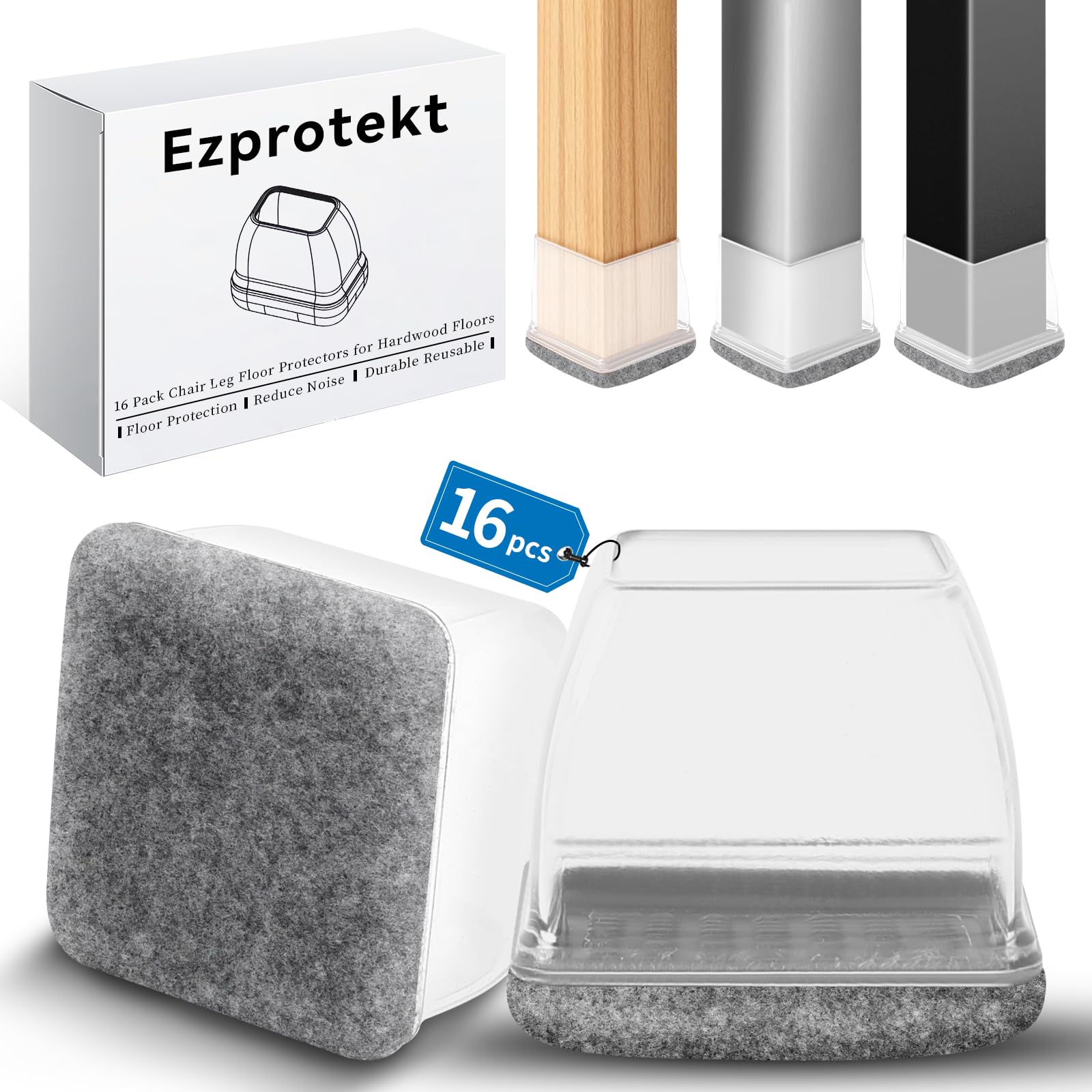 Ezprotekt Chair Leg Covers, 16PCS Silicone Leg Floor Protectors, Grey Chair Leg Caps, Felt Bottom Soft Thermo Plastic Elastomer Furniture Leg Feet Covers No Scratches (Fit 1-1.2", Square)