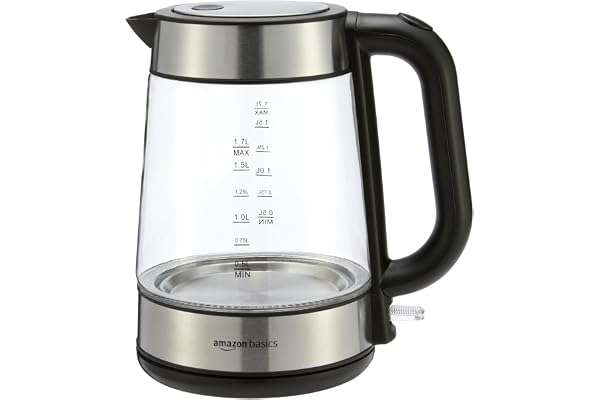 Amazon Basics Electric Kettle with Glass Carafe for Tea and Coffee, BPA-Free, Fast Boiling, Auto Shut-Off, Boil-Dry Protection, Water Level Indicator, 1.7 Liter, 1500W, Black and Silver