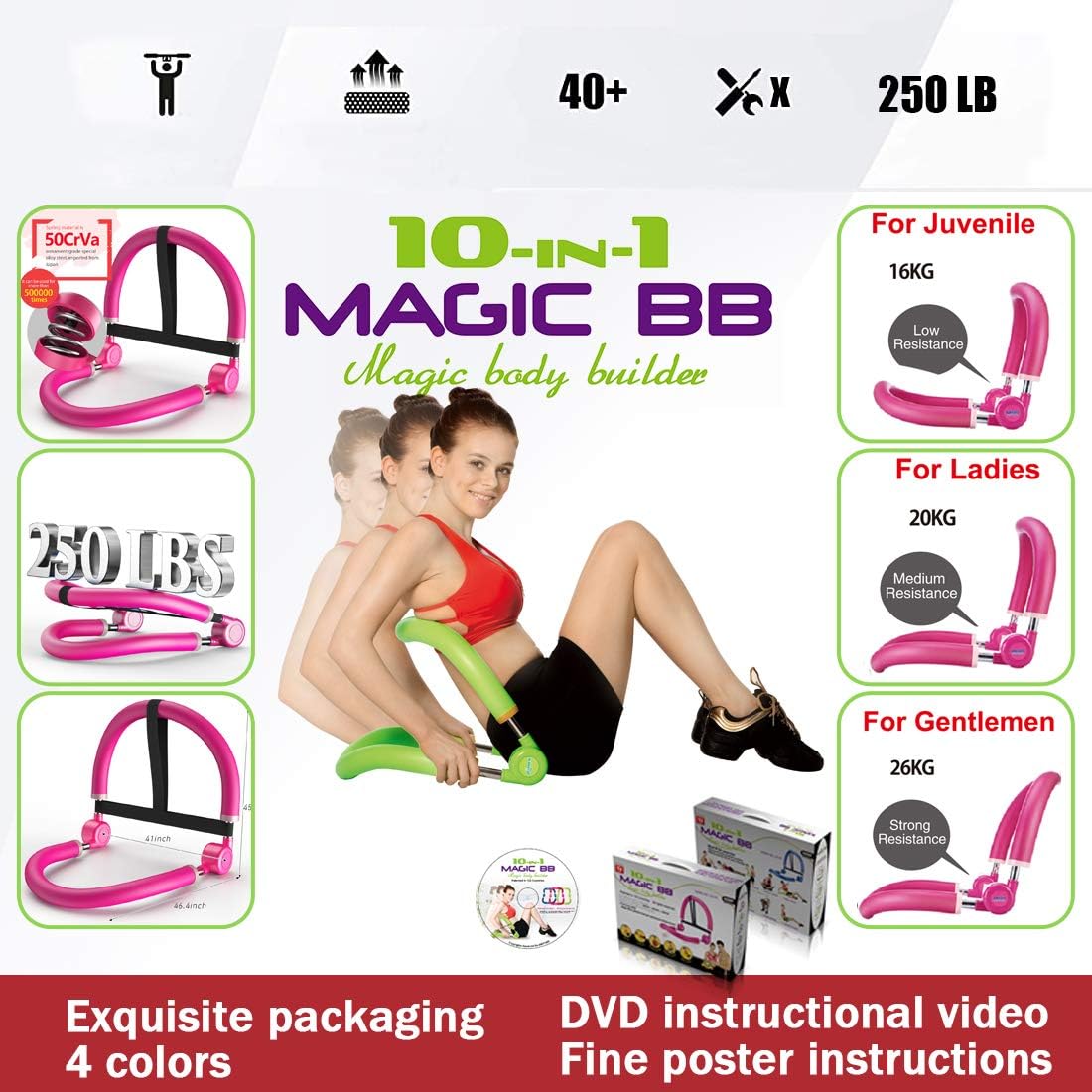 MBB Ab Equipment, Home Ab Machine Function Movement Multiple Core Strength, Abdominal Training 10 in 1 Magic Body Builder with 3 Levels Resistance for Teenage, Women and Men.122 Country Patented Green : Sports & Outdoors