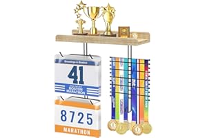 DSVENROLY Bib Medal Hanger Display and Trophy Shelf Organizer, Sturdy Wooden Medal Holder Wall Mount Hanging Ribbon Rack Display, Black Steel Metal Medal Holder Display Over 60 Medals and 30 Race Bibs