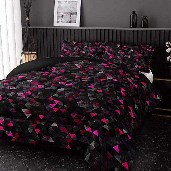 NTTOPSHIP GEOMETRIC PINK BLACK COMFORTER SET,TRIANGLE HONEYCOMB 3 PCS BEDDING SET FULL SIZE FOR TEEN ADULT,MODERN QUILT SET GEOMETRY DECOR,MICROFIBER LIGHTWEIGHT 1 COMFORTER 2 PILLOWCASES