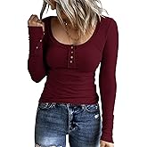 KINLONSAIR Women’s Long Sleeve Henley T Shirts Button Down Slim Fit Tops Scoop Neck Ribbed Knit Shirts