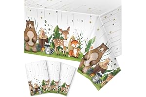 Miucat 3pcs Woodland Plastic Tablecloth, 54 x 108 inches, Stain Resistant, for Baby Shower, Kids Boy Girl, Forest Animal Party Supplies Decorations