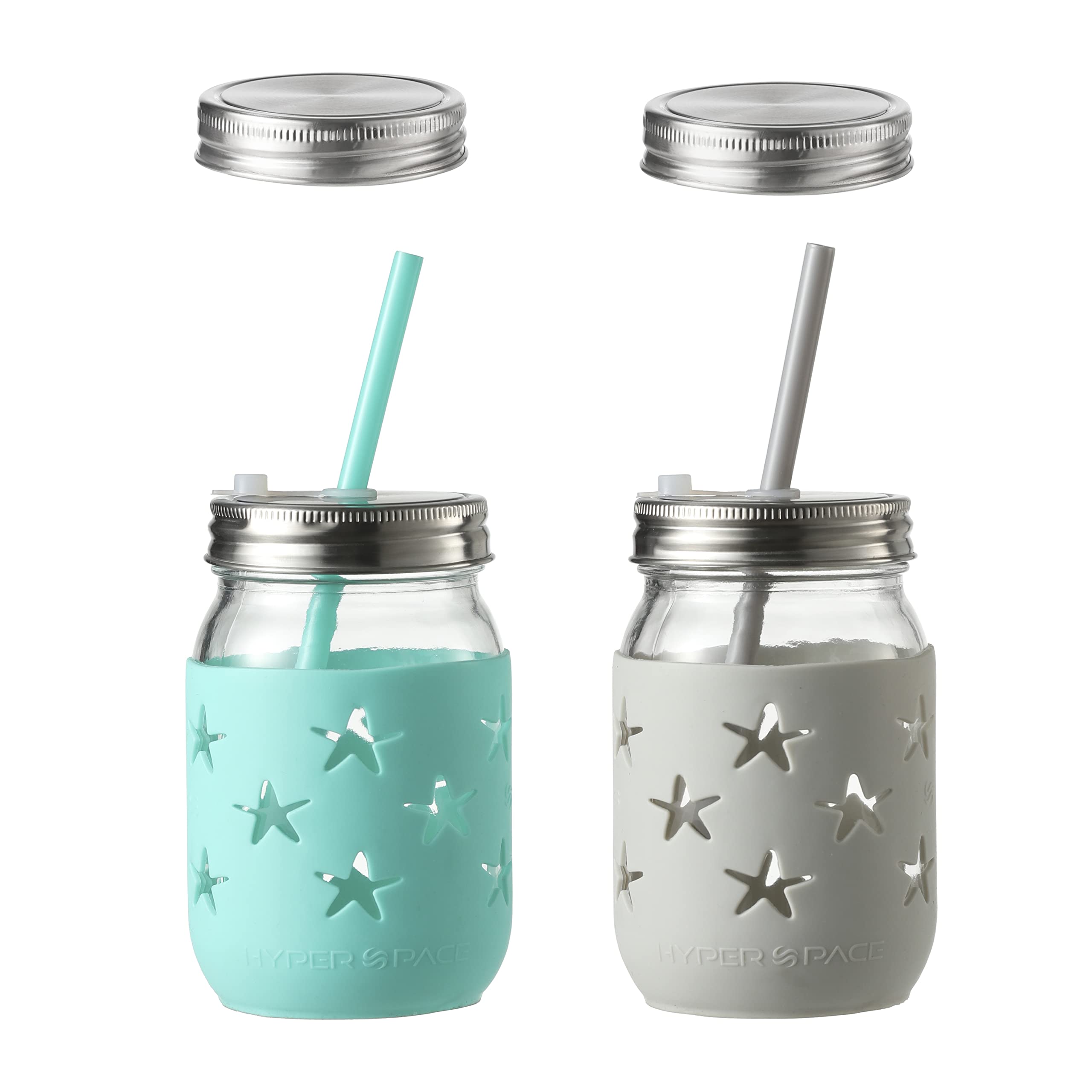 Photo 1 of 16 OZ Mason Jars with Protective Silicone Sleeve, Mason Cups Drinking Glass with Straws and 4PCS Stainless Steel Lids - BPA Free (Turquoise & Gray Star)