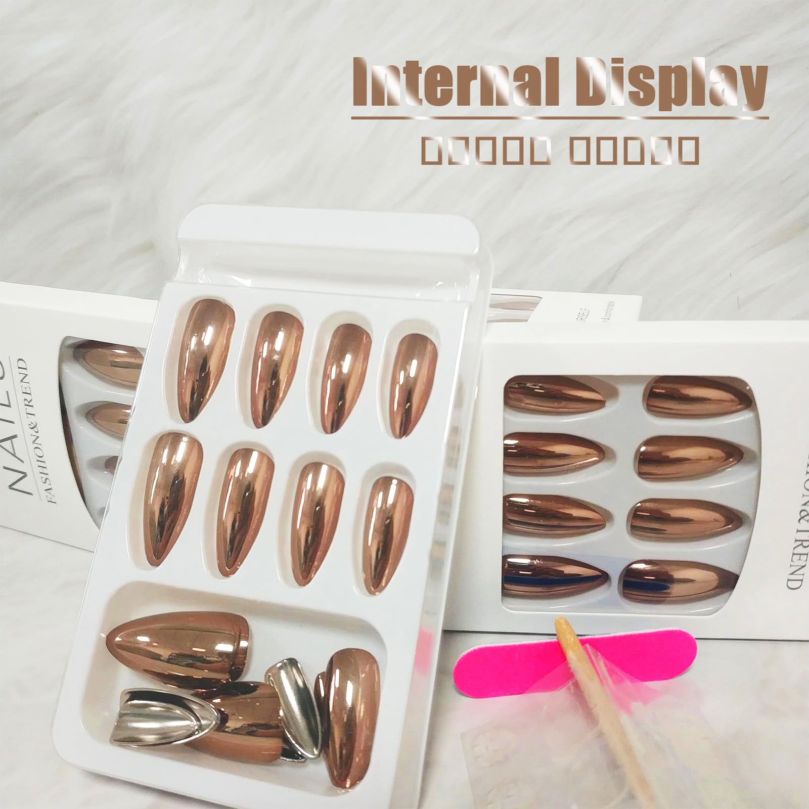 Bronze Chrome Press on Nails Medium Almond, Stiletto Fake Nails with Bling Design, Glossy Mirror Metal Acrylic False Nails Stick on Nails for Women Girls, Gel Glue on Nails for Daily Party Wear - Image 4