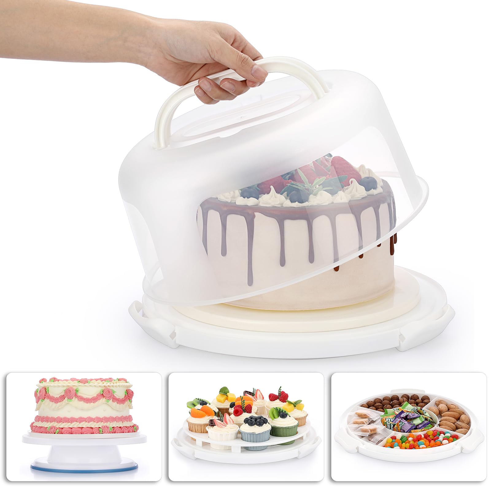 Photo 1 of BSTKEY Portable Cake Carrier with Lid and Handle, Cake Turntable + Cupcake Storage Tray for Transport, 10" Round Cake Container Holder with Two Sided Base for Pies Nuts Fruit Cookies, White