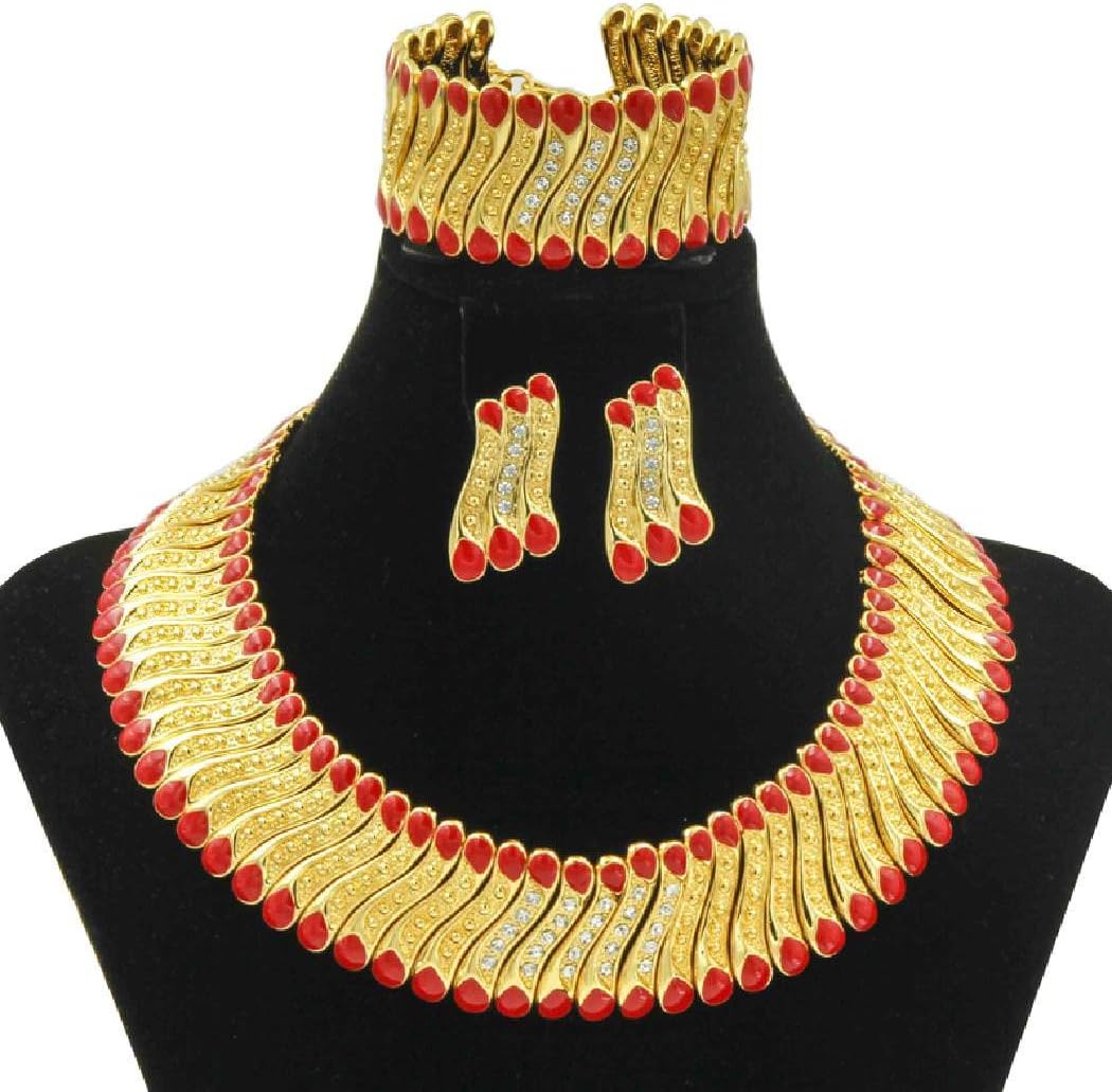 Bellystar Chunky Gold Dubai Choker Red Green Necklace Earrings Bracelet Women Bridal Wedding Jewelry Sets