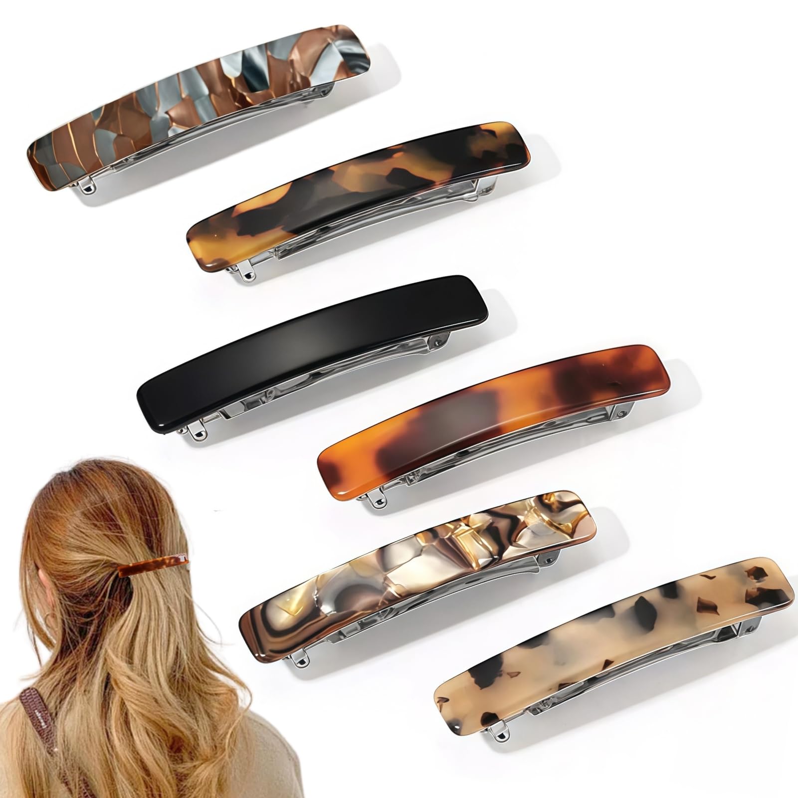 KEYRI 6 PCS French Hair Clip 7.5cm/3" Barrette Tortoise Shell Acetate French Barrettes Hair Clips Delicate Hairs Accessories Colorful Hairs Slides Barrette Hair-clips for Girls and Women (Six Colors)
