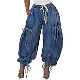 Tbahhir Baggy Cargo Jeans for Women High Waist Wide Leg Denim Pants Loose Harem Drawstring Jogger Sweatpants Trousers