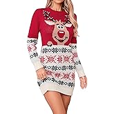 SunnyMelody Womens Ugly Christmas Sweater Dress Winter 2025 Reindeer Snowflake Knit Crew Neck Long Sleeve Midi Dresses