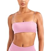 VOYJOY Women Spaghetti Strap Sports Bra Padded Low Support Seamless Impact Cami Square Neck Workout Yoga Bra Crop Top