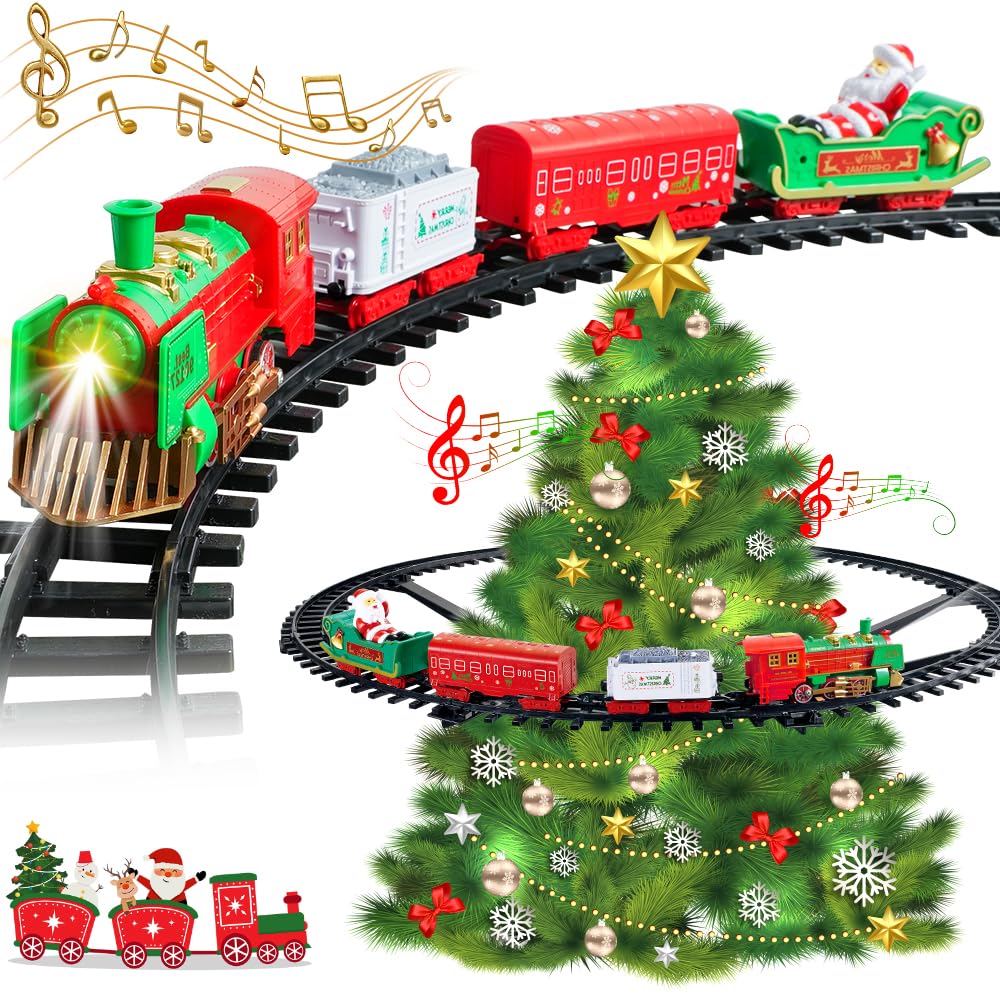 Hanging Christmas Train Set - VATOS 2 IN 1 Train Toy with Light Sound for Kids, Train Toy Set Around & Under Tree, Best Indoor Christmas Decoration for Family Yard Garden