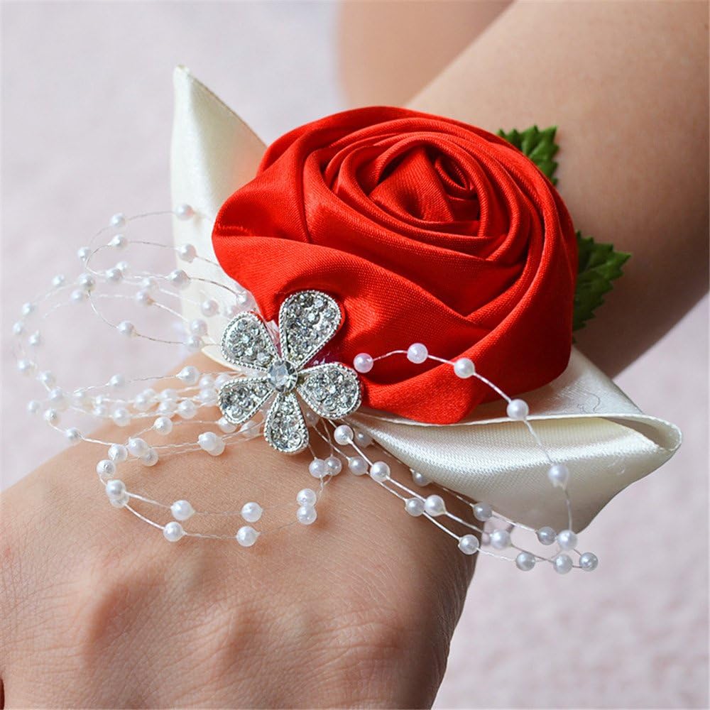 Jackcsale Wedding Bridal Corsage Bridesmaid Wrist Flower Corsage Flowers for Wedding Red Pack of 4