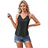 SweatyRocks Women's Casual V Neck Wide Strap Cami Tops Criss Cross Tape Split Back Tank Top