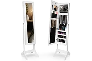 DECOMIL LED Light Jewelry Cabinet Armoire with Mirror, Large Storage 57" Tall Mirrored Armoire Box Necklace Ring 27 Hook Girls Women, Modern Standing Jewelry Armories with 3 Adjustable Angles