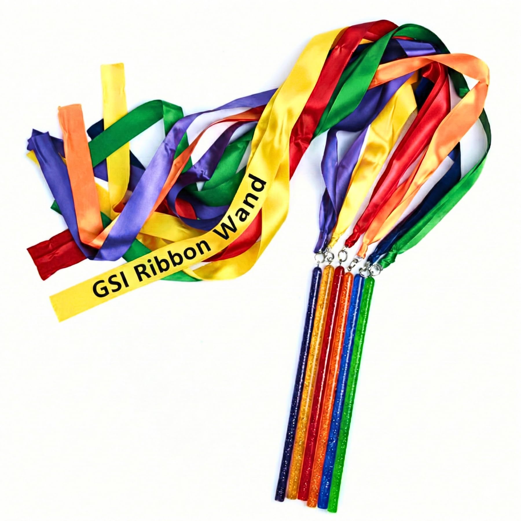 GSi Multicolor Sparkling Gymnastic Ribbon Wands [6 Pack] with 9 inch Stick and 1 Meter Ribbon for Gym, Training, Circus, Dance, Baton Twirling, Dancing Streamers (Pack of 6)