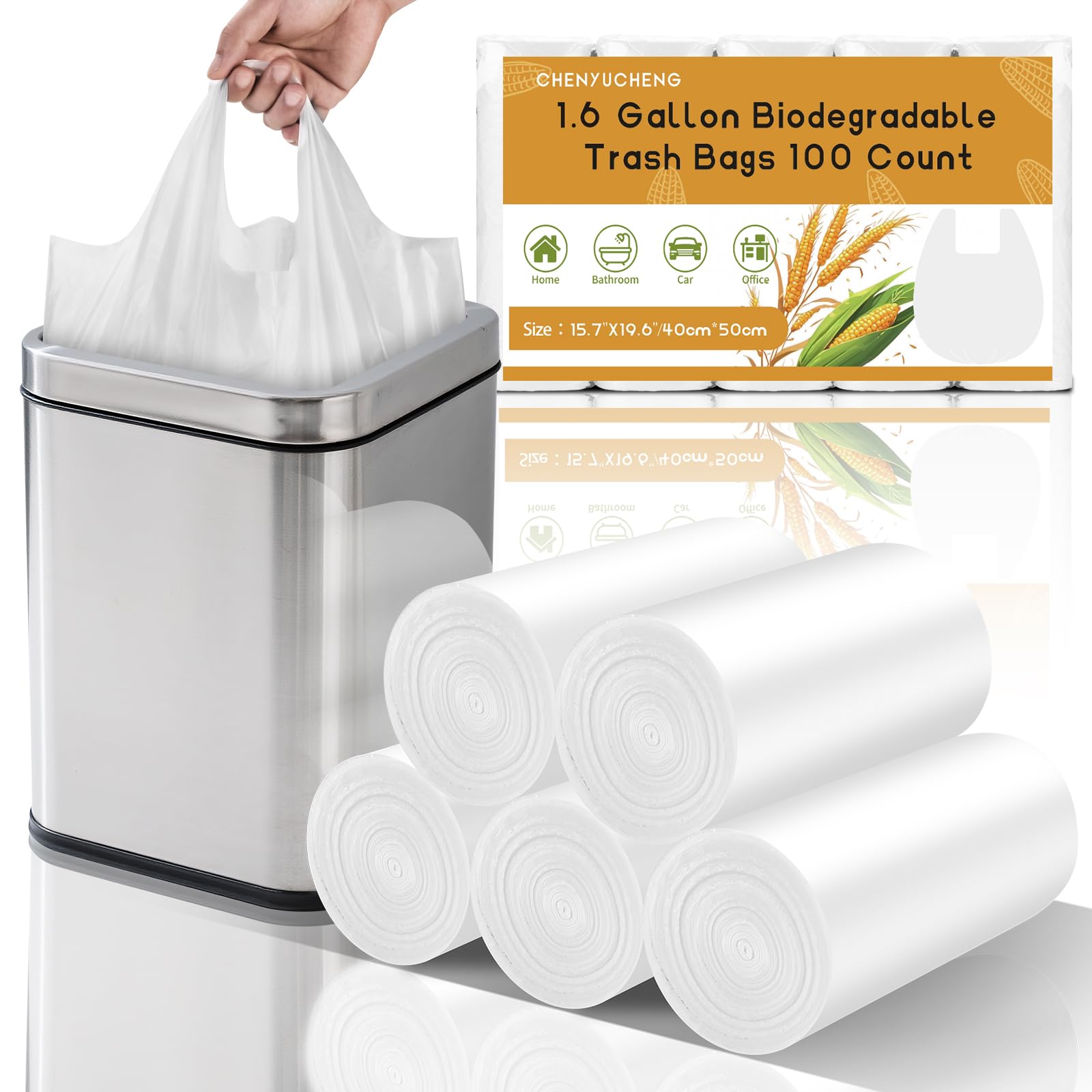 Photo 1 of 1.6 Gallon Mini Trash Bags For Bathroom - With Handles White Small Garbage Bags?Fit 1.3-1.5Gal?100 Count 6 Liter Biodegradable Compost Waste Basket Liners Unscented Kitchen Office Car Chenyucheng